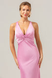 Pink Mermaid Deep V Neck Ruched Long Bridesmaid Dress with Lace Up Back