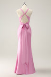 Elegant Pink Mermaid Deep V Neck Long Bridesmaid Dress with Lace Up Back