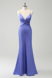 Purple Mermaid Front Criss Cross Pleated Floor Length Bridesmaid Dress