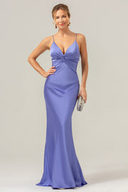 Purple Mermaid Spaghetti Straps Front Pleated Long Bridesmaid Dress