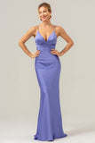 Purple Mermaid Spaghetti Straps Front Pleated Long Bridesmaid Dress