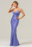 Purple Mermaid Spaghetti Straps Front Pleated Long Bridesmaid Dress