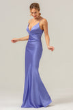 Purple Mermaid Spaghetti Straps Front Pleated Long Bridesmaid Dress