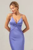 Purple Mermaid Spaghetti Straps Front Pleated Long Bridesmaid Dress