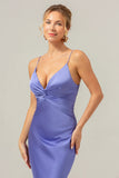 Purple Mermaid Spaghetti Straps Front Pleated Long Bridesmaid Dress