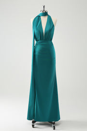 Peacock Sheath Deep V Neck Ruched Long Bridesmaid Dress with Open Back