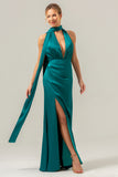 Peacock Sheath Deep V Neck Ruched Open Back Long Satin Bridesmaid Dress