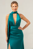 Peacock Sheath Deep V Neck Ruched Open Back Long Satin Bridesmaid Dress