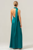 Peacock Sheath Deep V Neck Ruched Open Back Long Satin Bridesmaid Dress