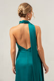 Peacock Sheath Deep V Neck Ruched Open Back Long Satin Bridesmaid Dress