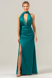 Peacock Sheath Deep V Neck Ruched Open Back Long Satin Bridesmaid Dress