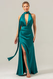 Peacock Sheath Deep V Neck Ruched Open Back Long Satin Bridesmaid Dress