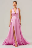 Pink A Line Deep V Neck Lace Up Back Long Satin Bridesmaid Dress with Slit