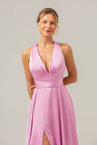 Pink A Line Deep V Neck Lace Up Back Long Satin Bridesmaid Dress with Slit