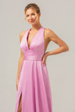 Pink A Line Deep V Neck Lace Up Back Long Satin Bridesmaid Dress with Slit