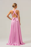 Pink A Line Deep V Neck Lace Up Back Long Satin Bridesmaid Dress with Slit