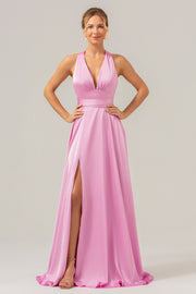 Pink A Line Deep V Neck Lace Up Back Long Satin Bridesmaid Dress with Slit