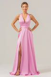 Pink A Line Deep V Neck Lace Up Back Long Satin Bridesmaid Dress with Slit