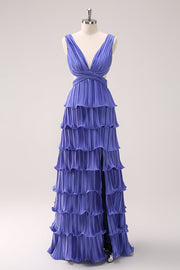 Purple A Line Deep V Neck Tiered Chiffon Long Bridesmaid Dress with Slit