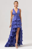 A Line Deep V Neck Tiered Chiffon Long Purple Prom Dress with Slit