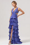 A Line Deep V Neck Tiered Chiffon Long Purple Prom Dress with Slit