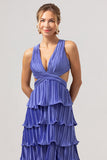 A Line Deep V Neck Tiered Chiffon Long Purple Prom Dress with Slit