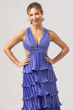 A Line Deep V Neck Tiered Chiffon Long Purple Prom Dress with Slit