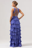 Purple A Line Deep V Neck Tiered Chiffon Long Bridesmaid Dress with Slit