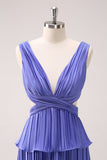 Purple A Line Deep V Neck Tiered Chiffon Long Bridesmaid Dress with Slit