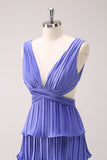 Purple A Line Deep V Neck Tiered Chiffon Long Bridesmaid Dress with Slit