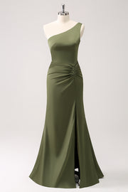 Mermaid One Shoulder Pleated Backless Olive Bridesmaid Dress with Slit