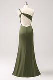 Elegant Olive Mermaid One Shoulder Pleated Backless Bridesmaid Dress with Slit