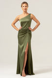 Elegant Mermaid One Shoulder Pleated Backless Olive Bridesmaid Dress with Slit