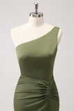 Mermaid One Shoulder Pleated Backless Olive Bridesmaid Dress with Slit