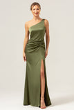 Elegant Mermaid One Shoulder Pleated Backless Olive Bridesmaid Dress with Slit