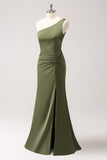 Mermaid One Shoulder Pleated Backless Olive Bridesmaid Dress with Slit