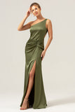 Elegant Mermaid One Shoulder Pleated Backless Olive Bridesmaid Dress with Slit