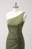 Mermaid One Shoulder Pleated Backless Olive Bridesmaid Dress with Slit