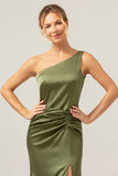 Elegant Mermaid One Shoulder Pleated Backless Olive Bridesmaid Dress with Slit