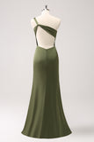 Mermaid One Shoulder Pleated Backless Olive Bridesmaid Dress with Slit