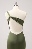 Mermaid One Shoulder Pleated Backless Olive Bridesmaid Dress with Slit