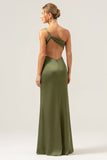 Mermaid One Shoulder Pleated Backless Olive Bridesmaid Dress with Slit