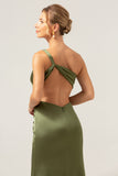 Elegant Mermaid One Shoulder Pleated Backless Olive Bridesmaid Dress with Slit