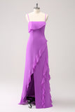 Sheath Spaghetti Straps Ruffle Long Bridesmaid Dress with Slit