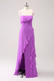 Tahiti Sheath Spaghetti Straps Ruffle Long Bridesmaid Dress with Slit