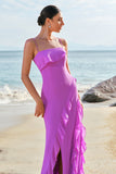 Sheath Spaghetti Straps Ruffle Long Tahiti Chiffon Bridesmaid Dress with Slit