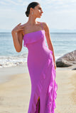 Sheath Spaghetti Straps Ruffle Long Tahiti Chiffon Bridesmaid Dress with Slit