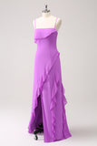 Tahiti Sheath Spaghetti Straps Ruffle Long Bridesmaid Dress with Slit