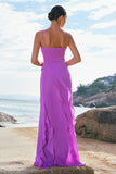 Sheath Spaghetti Straps Ruffle Long Tahiti Chiffon Bridesmaid Dress with Slit