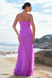 Sheath Spaghetti Straps Ruffle Long Tahiti Chiffon Bridesmaid Dress with Slit